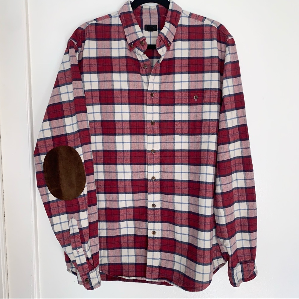 J.Crew Plaid Flannel Button Down Shirt Leather Elbow Patches
